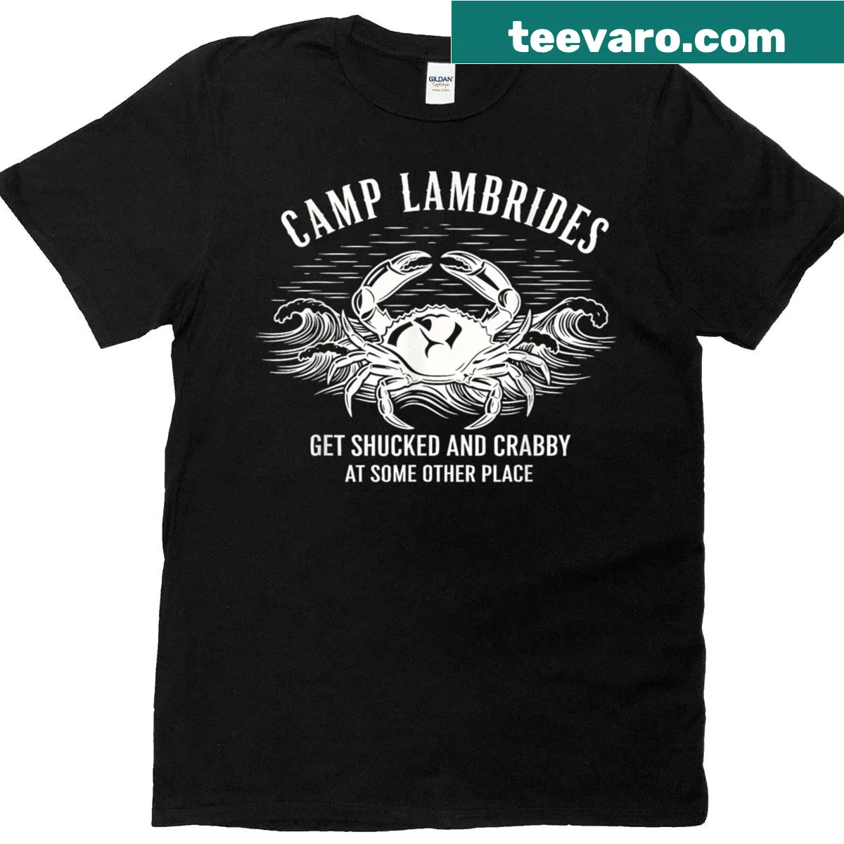 Bold black lettering Camp Lambrides t-shirt — on a men's t-shirt