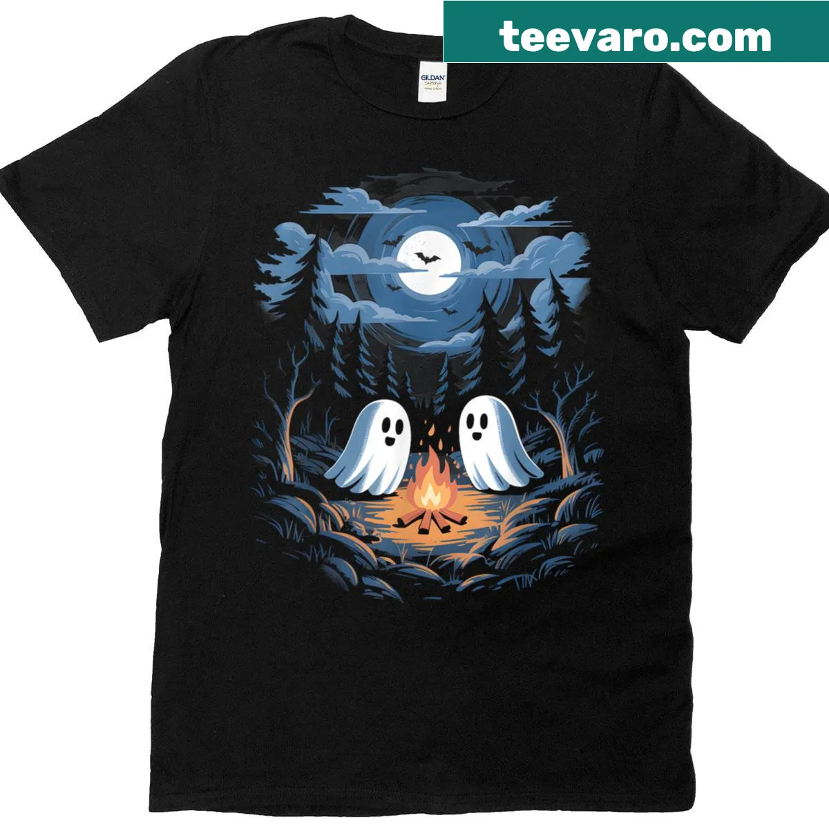 Playful ghost camping Halloween T-shirt — on a men's t-shirt