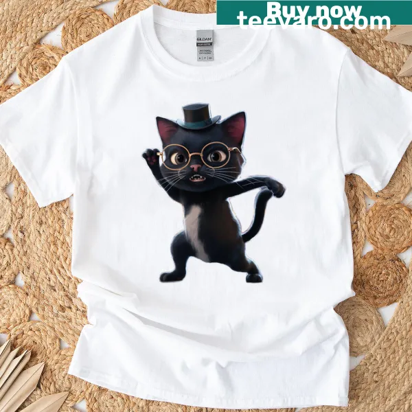 Elegant cat illustration on T-shirt, showcasing feline grace