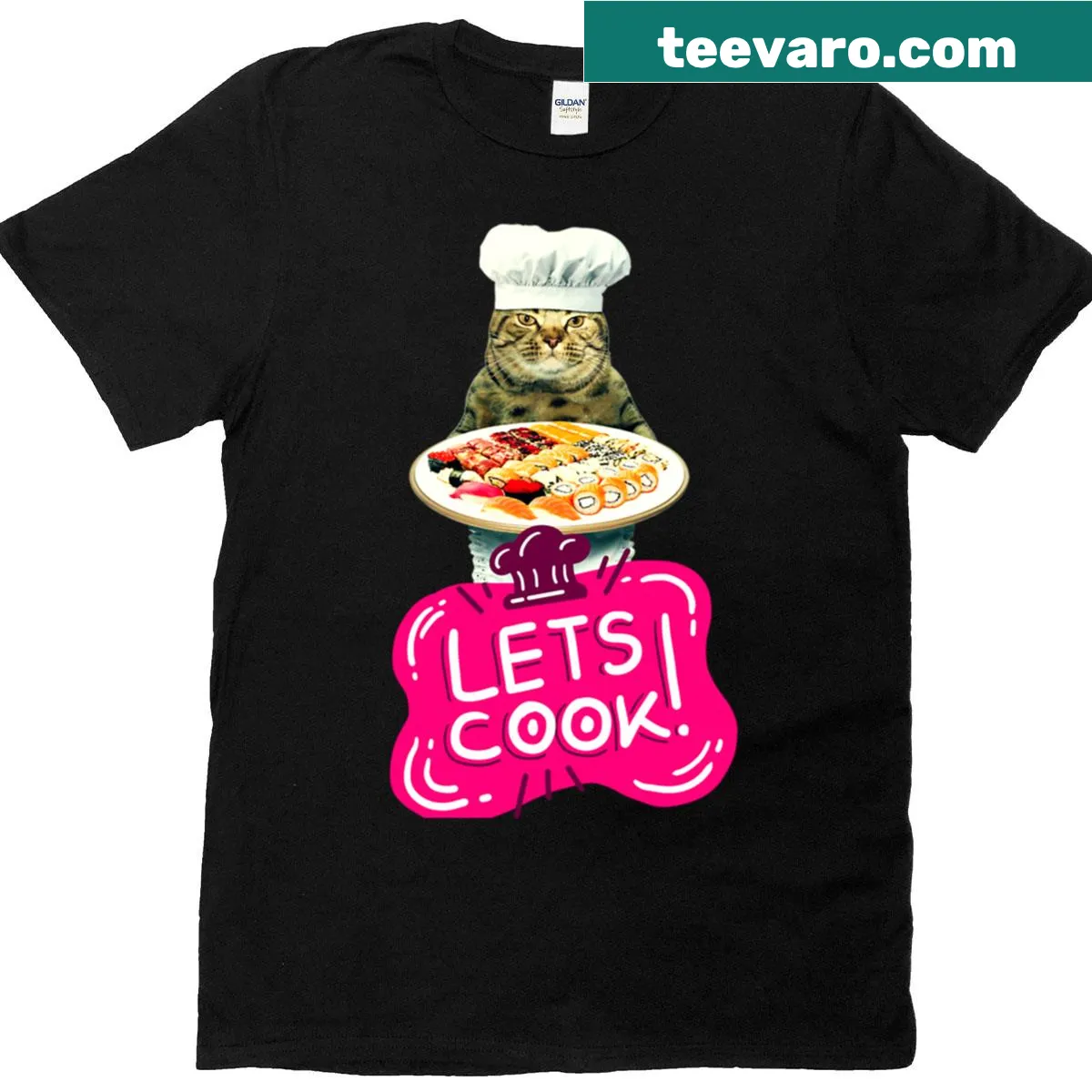 Playful Cat Chef graphic on a cooking-themed t-shirt — on a men's t-shirt