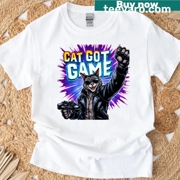Cool cartoon cat holding a gaming controller, playful design