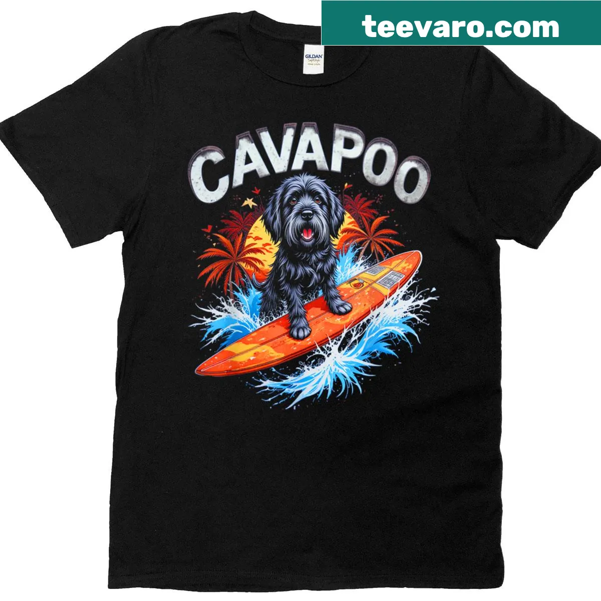 Funny surfboard graphic featuring a surfing Cavapoo dog. — on a men's t-shirt