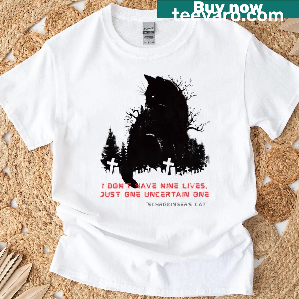 Silhouette cemetery cat design on T-shirt, symbolizing mystery — on a men's t-shirt