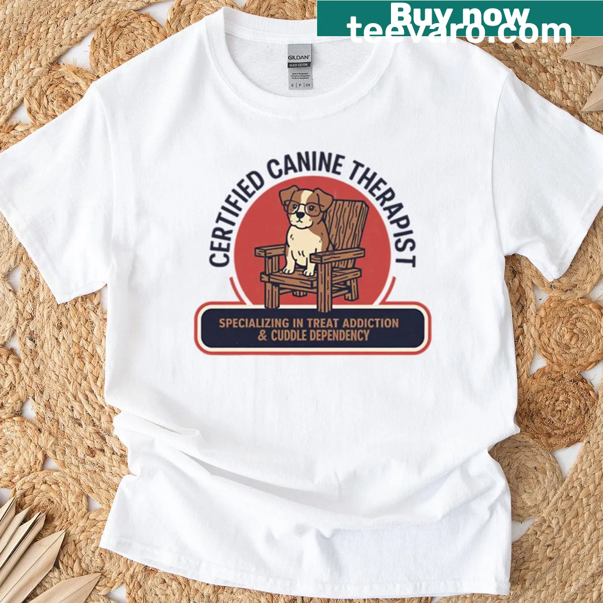 Funny dog therapist design with glasses and chair on t-shirt — on a men's t-shirt