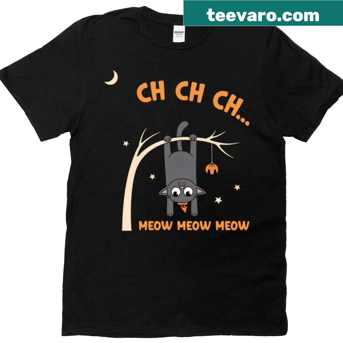 Funny Halloween T-shirt with 'Ch Ch Ch Meow Meow Meow' text — on a men's t-shirt
