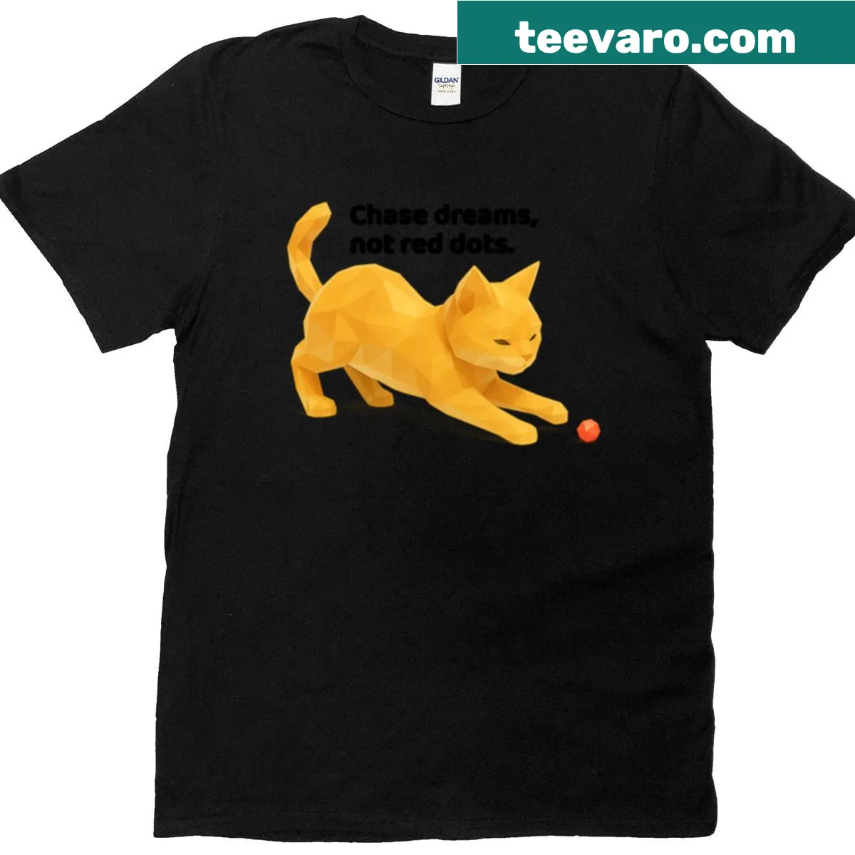 Oversized t-shirt with playful cat chasing a red dot illustration — on a men's t-shirt
