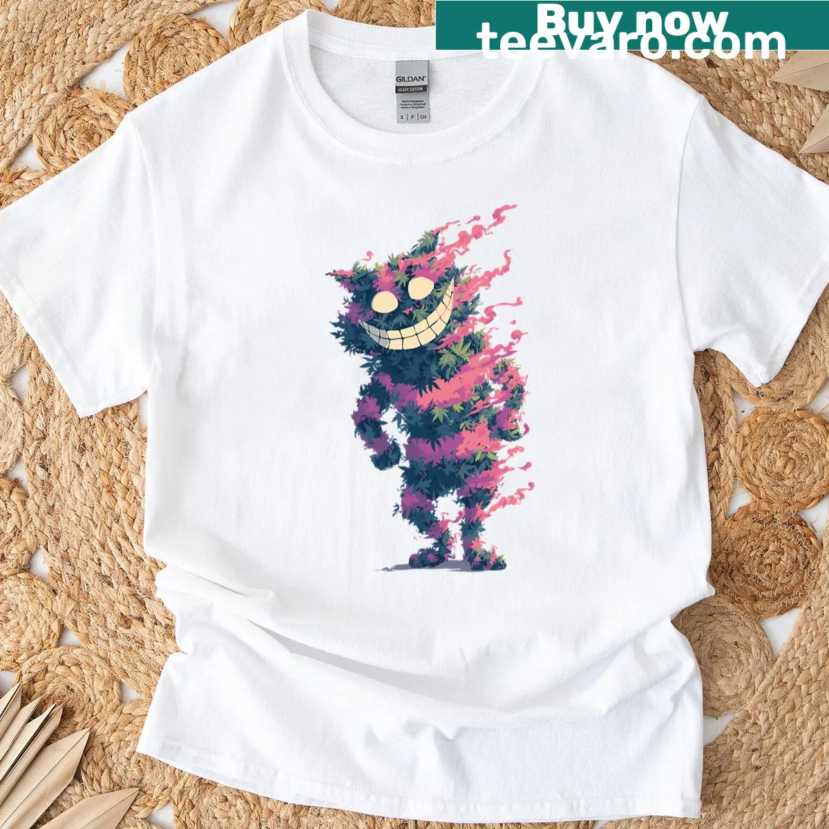 Illustration of a whimsical Cheshire cat with a grin, playful design — on a men's t-shirt