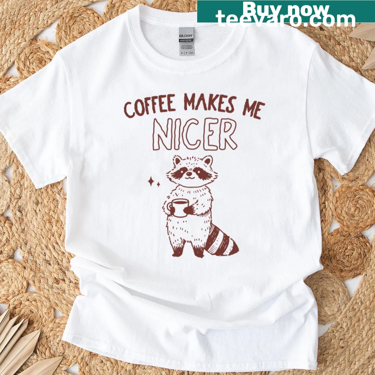 Funny raccoon cartoon with a coffee theme, humorous design — on a men's t-shirt