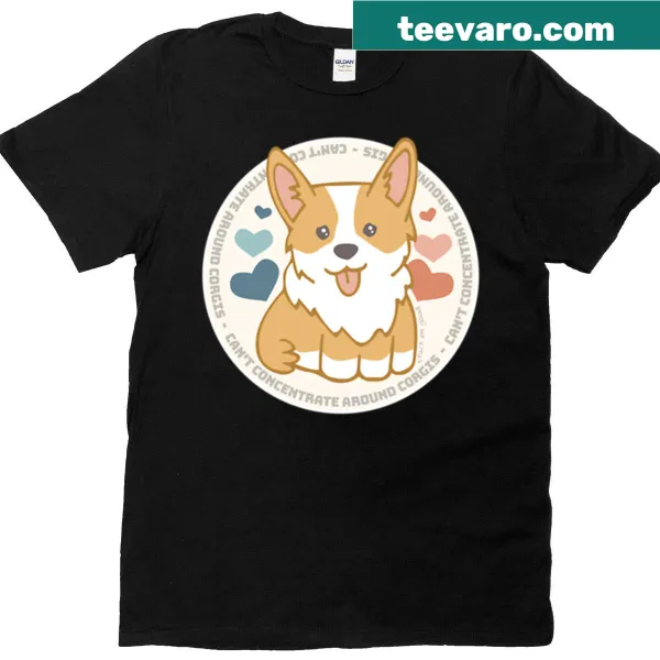 Funny Corgi illustration with the text 'Can't Concentrate' on a T-shirt