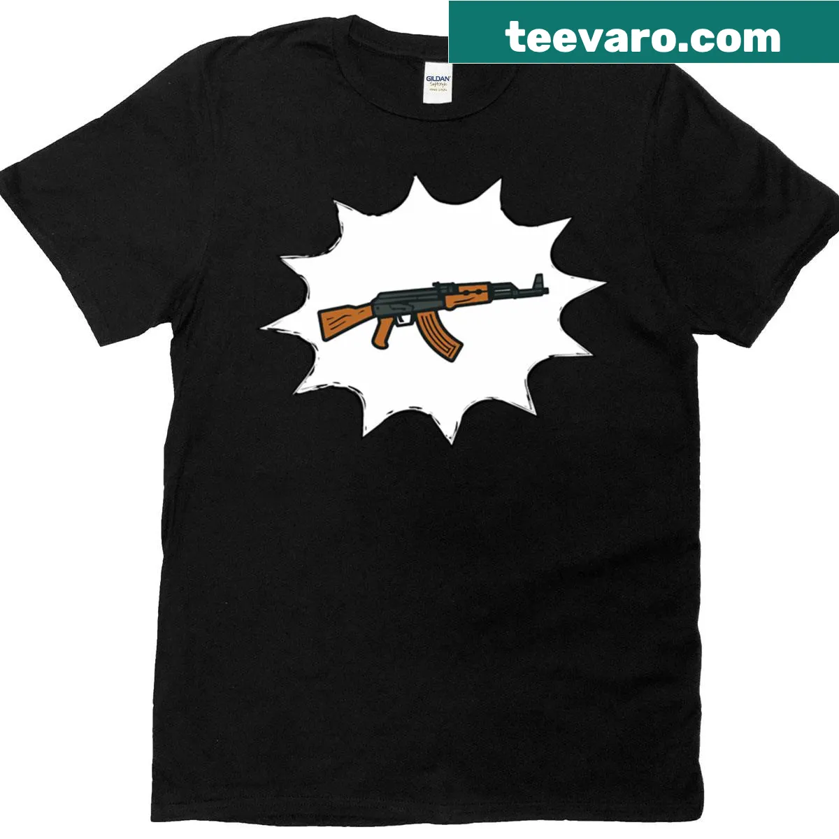 Counter Strike themed T-shirt with AK-47 graphic in sticker style — on a men's t-shirt