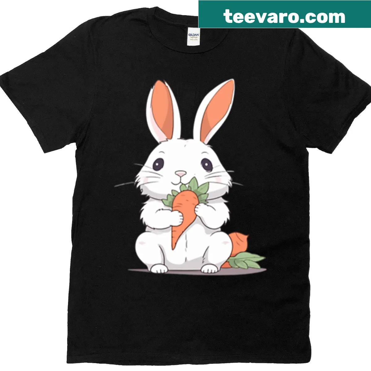 Cute illustration of a white rabbit eating carrots on a T-shirt — on a men's t-shirt