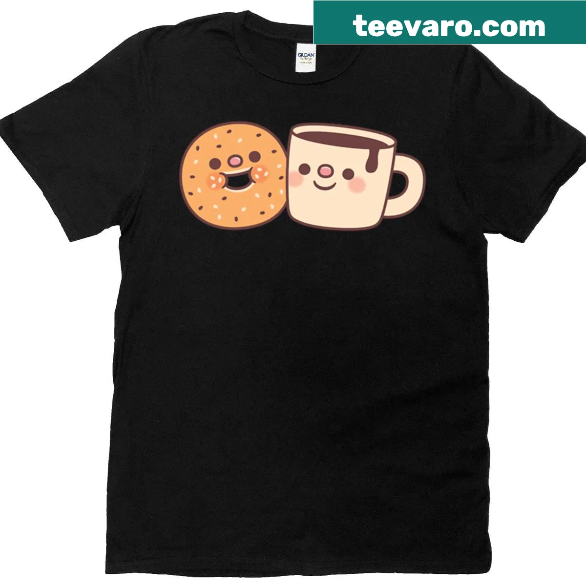 Cute T-shirt featuring a doodle of a bagel and coffee — on a men's t-shirt