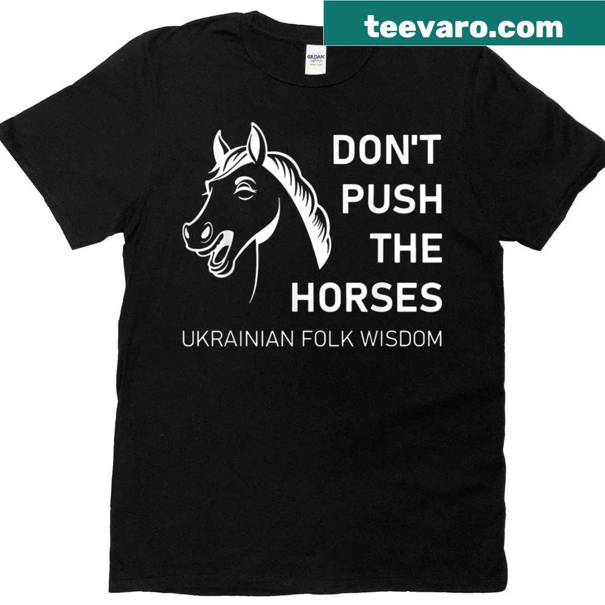 Humorous T-shirt featuring a horse in boxing gear with funny text. — on a men's t-shirt