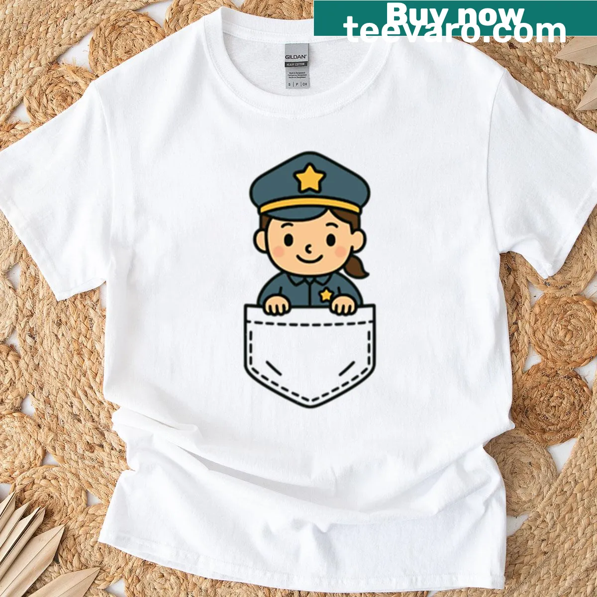 Cute girl police officer illustration on a T-shirt with a pocket pal graphic — on a men's t-shirt