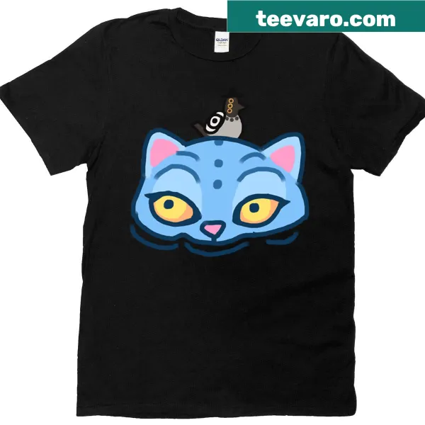 Fanart T-shirt featuring a blue cat and black crow in a whimsical design.