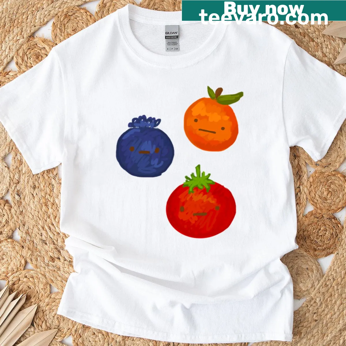 Cartoon fruit with unimpressed 'Meh' text on T-shirt — on a men's t-shirt