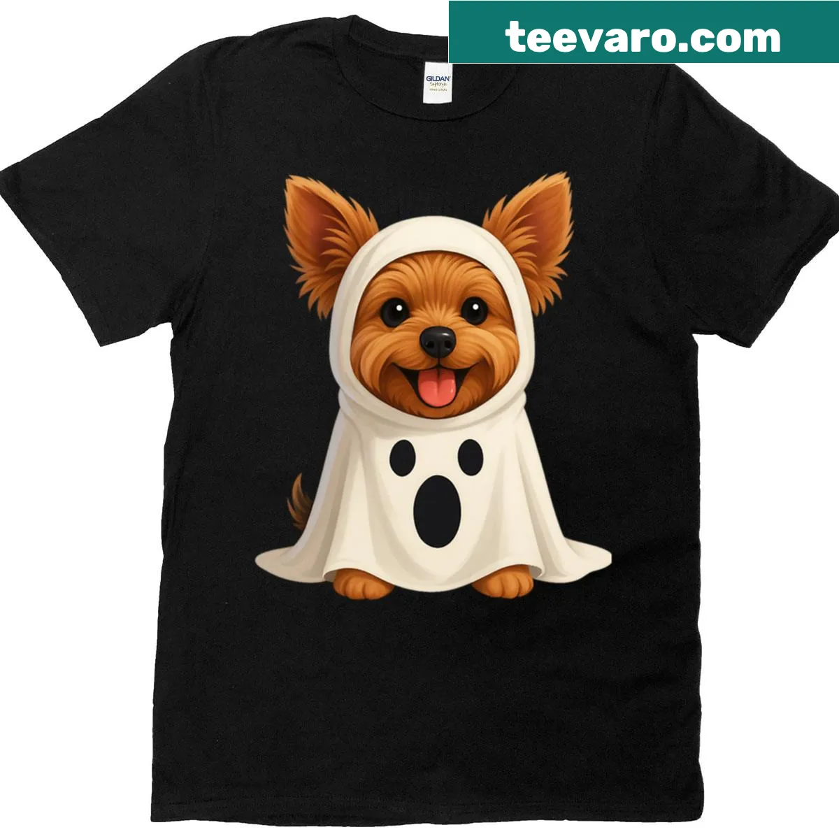 Yorkie dressed as a ghost in a cute Halloween design — on a men's t-shirt