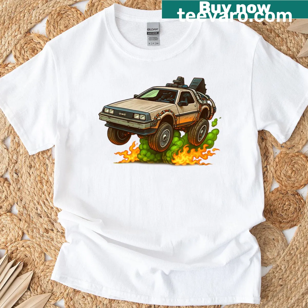 Vintage distressed Delorean time machine graphic on oversized T-shirt — on a men's t-shirt
