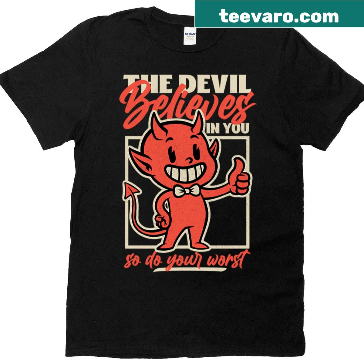 Inspirational T-shirt with 'Devil Cute Believes In You' quote — on a men's t-shirt