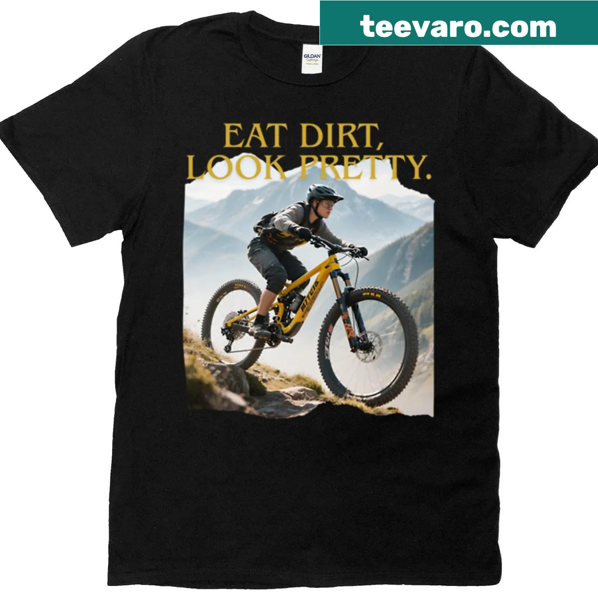 Edgy t-shirt with 'Eat Dirt Look Pretty' quote for mountain biking girls — on a men's t-shirt