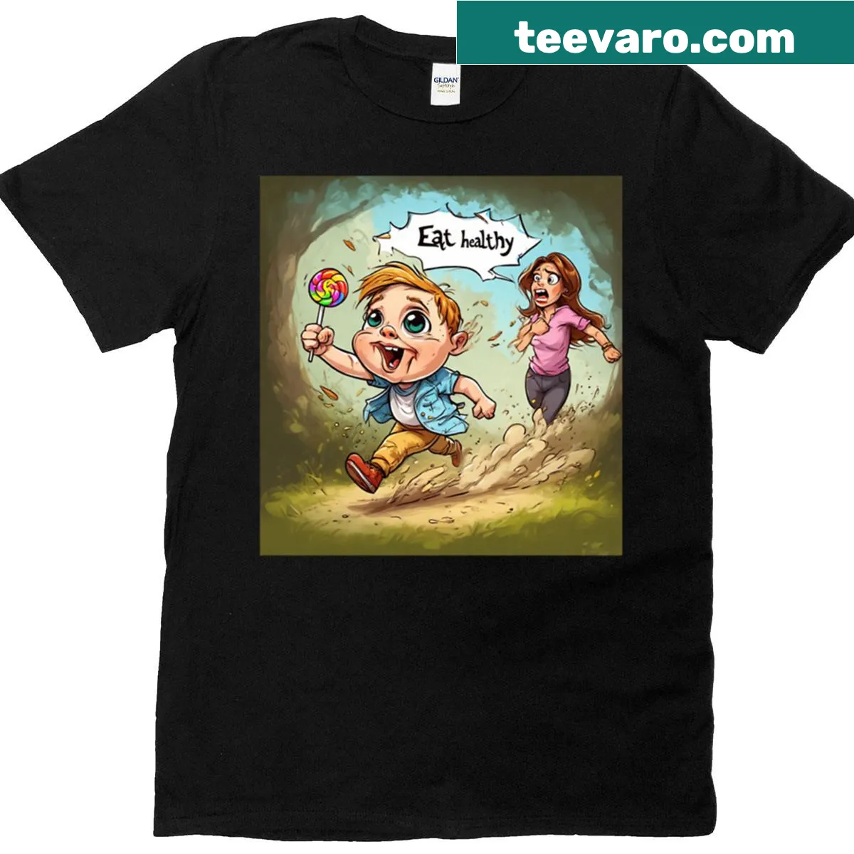 Oversized t-shirt with 'Eat Healthy' text promoting wellness — on a men's t-shirt