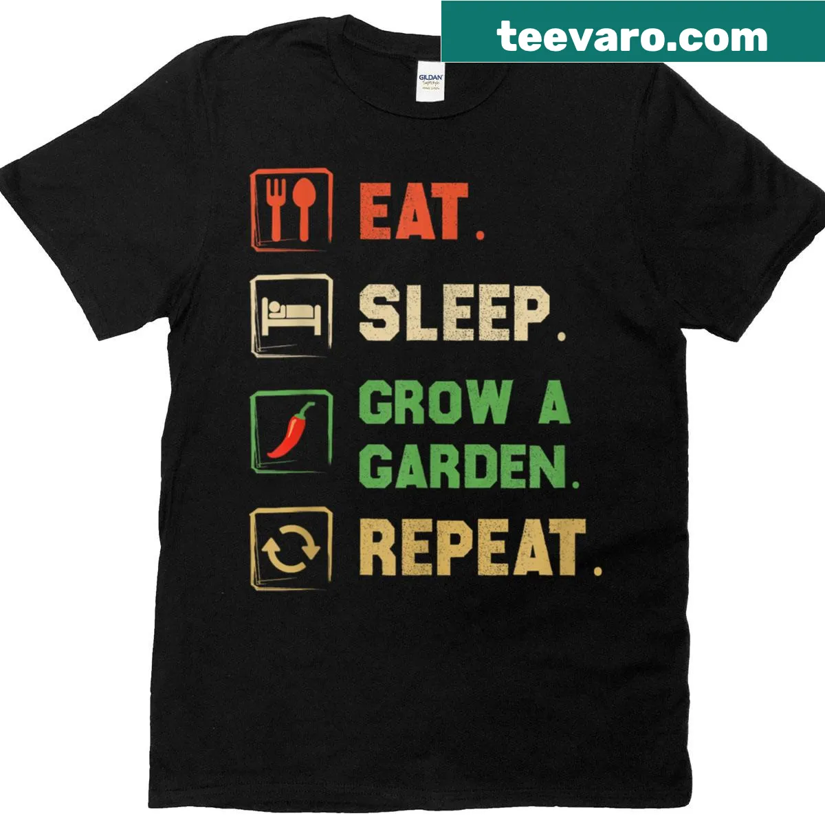 T-shirt with 'Eat Sleep Grow A Garden Repeat' gardening quote — on a men's t-shirt