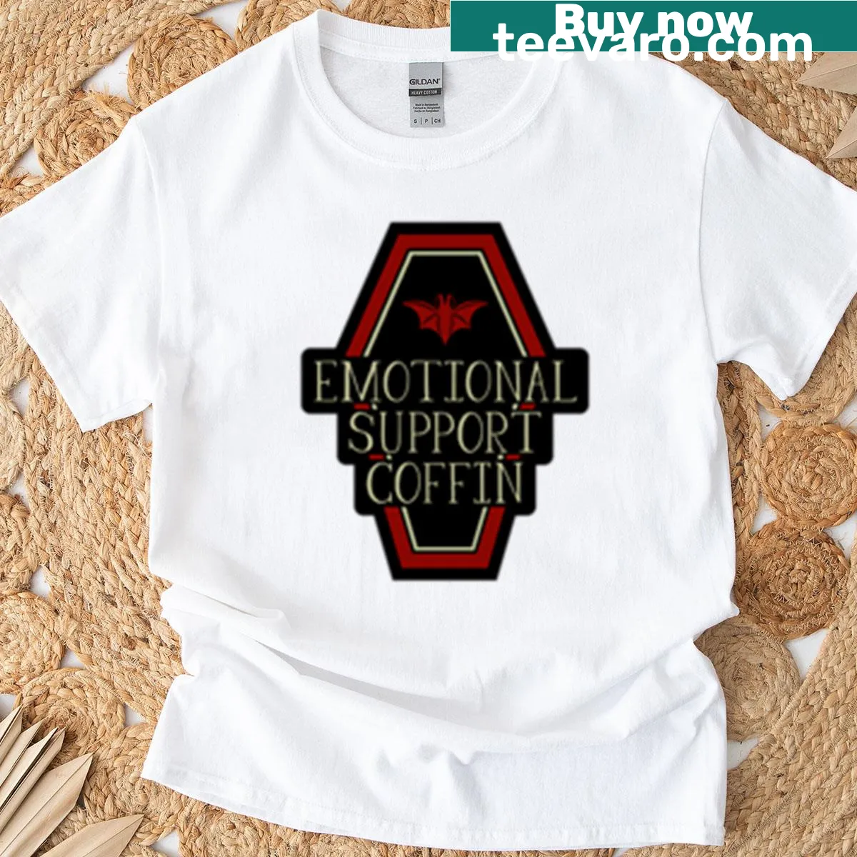 Funny t-shirt featuring an emotional support coffin graphic. — on a men's t-shirt