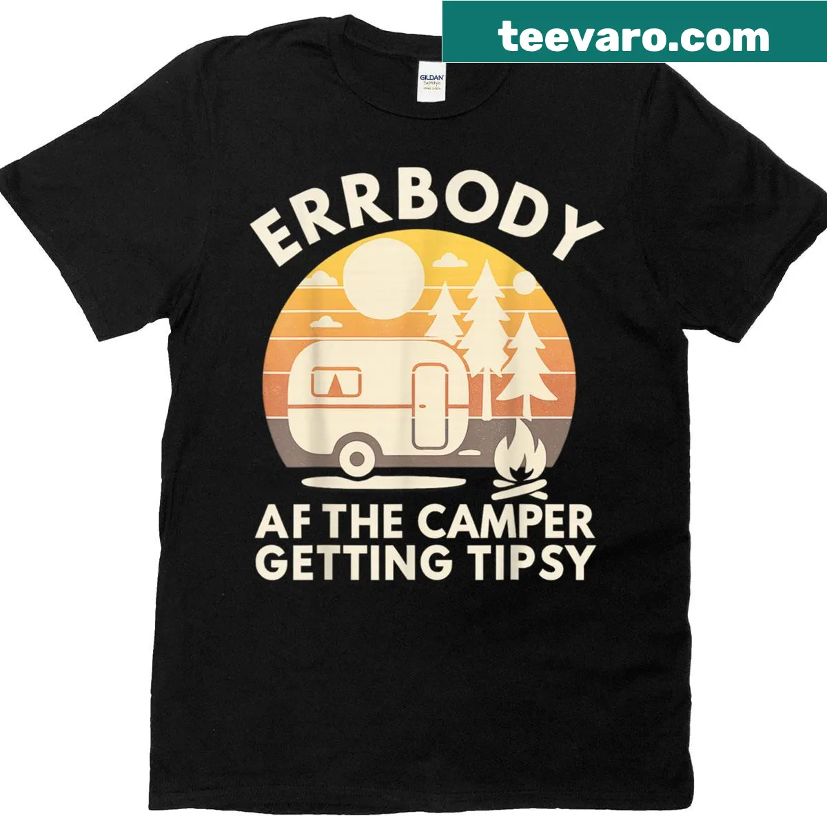 Funny camping T-shirt with the phrase 'Errbody At The Camper Getting Tipsy' — on a men's t-shirt