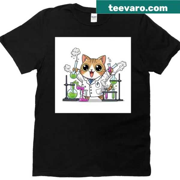 Oversized t-shirt with playful illustration of excited kitty chemist surrounded by lab equipment