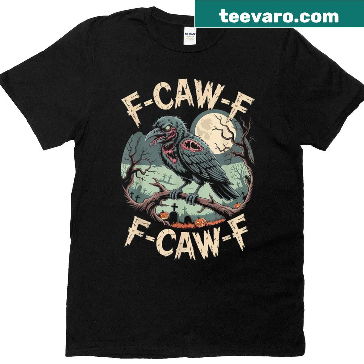 Vintage-style T-shirt featuring a zombie crow graphic — on a men's t-shirt