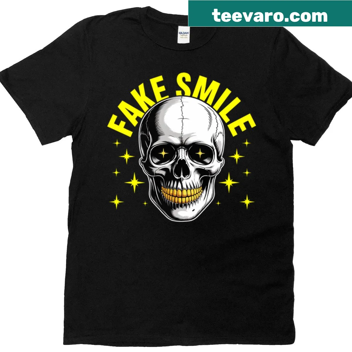 T-shirt featuring the phrase 'Fake Gold Smile' in bold typography — on a men's t-shirt