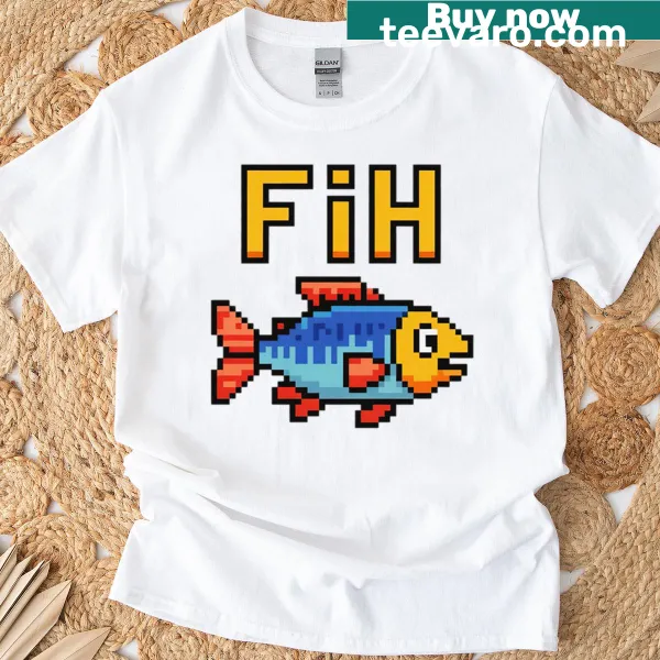 Pixel art fish graphic on T-shirt for meme lovers.