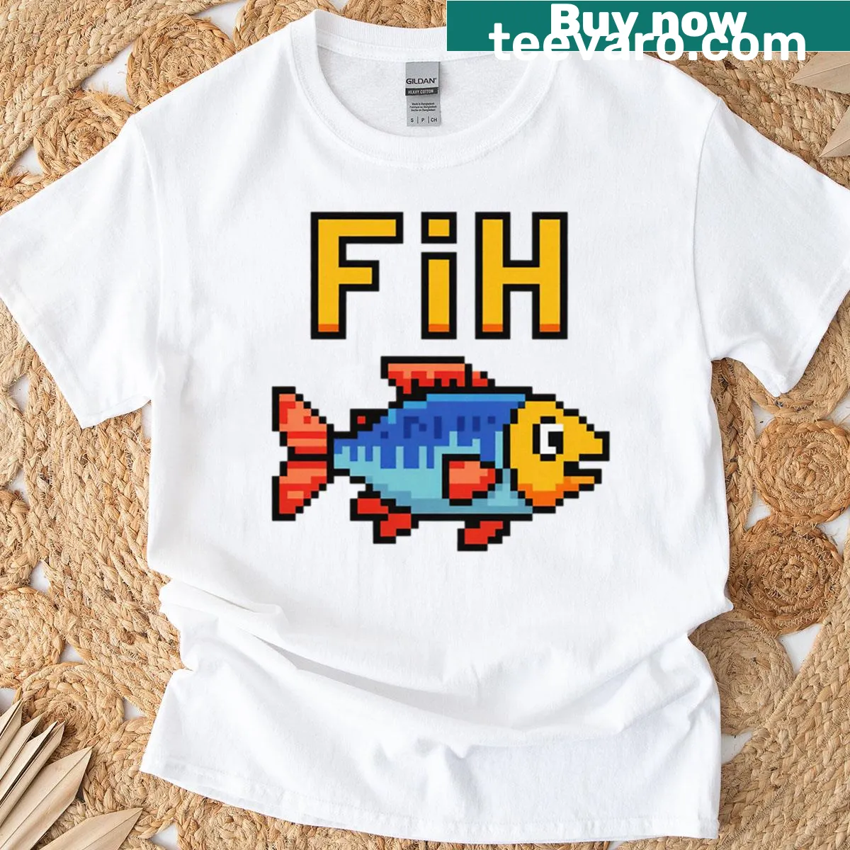 Pixel art fish graphic on T-shirt for meme lovers. — on a men's t-shirt
