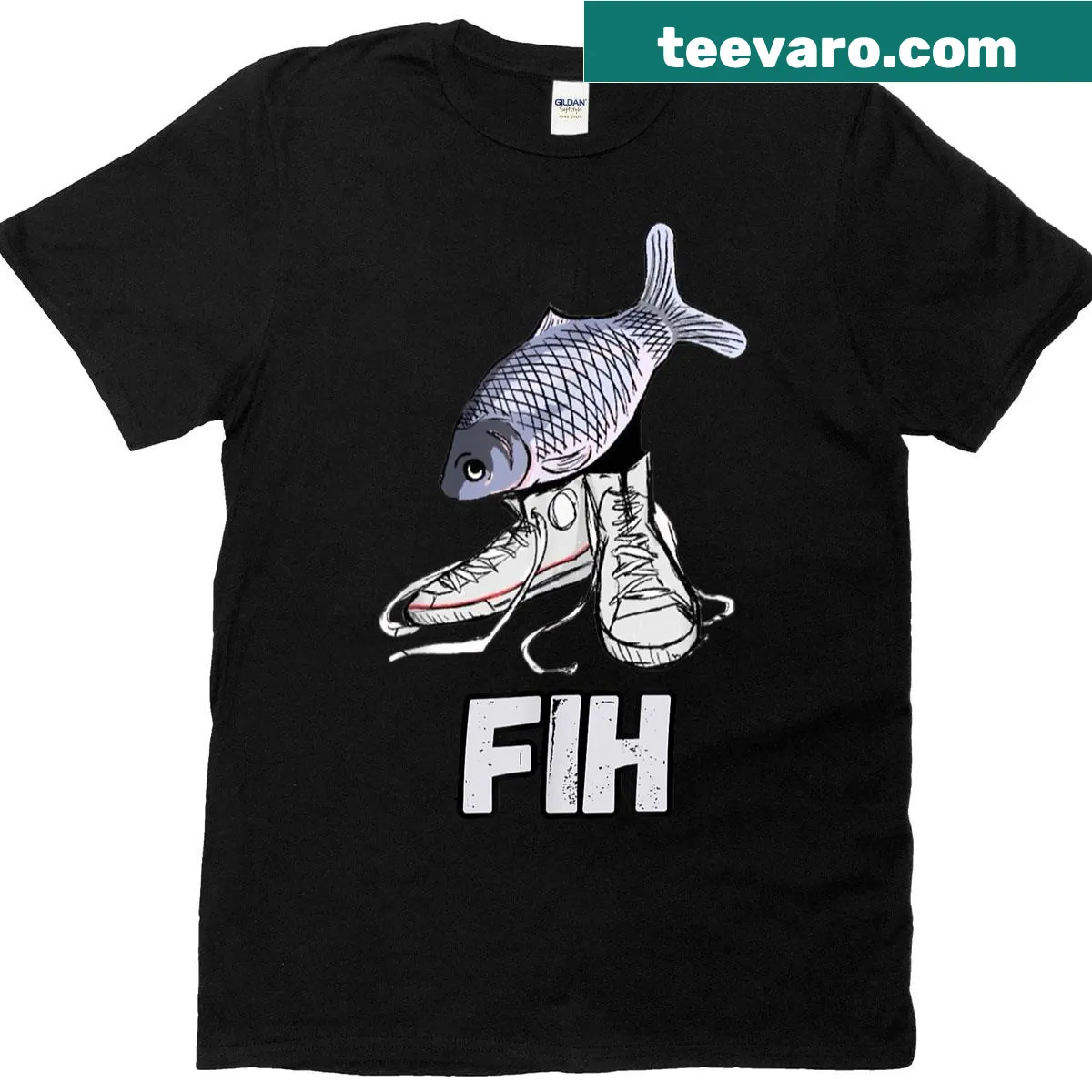 Text shirt featuring a funny misspelled fish meme — on a men's t-shirt