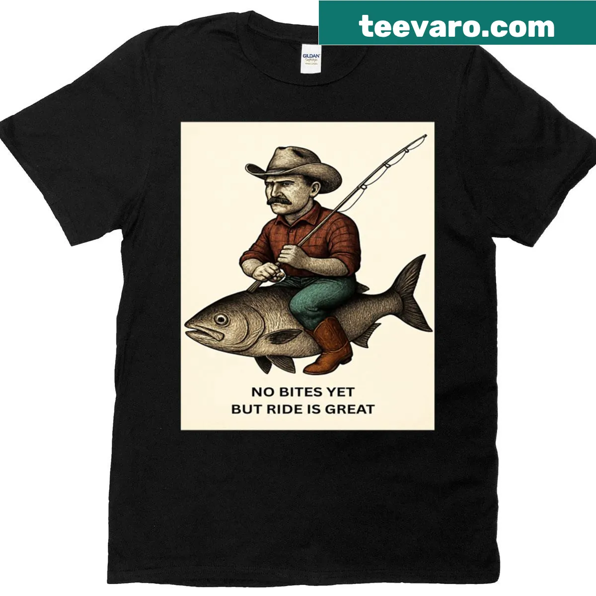 Illustrative fishing t-shirt celebrating the fun of fishing with AI-generated art. — on a men's t-shirt