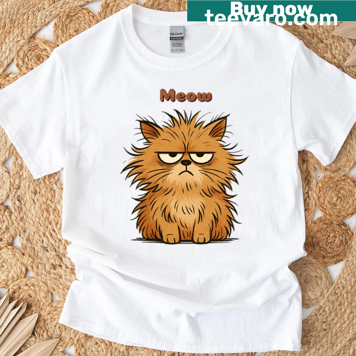 T-shirt with the text 'Fluffy Mood Meow' and cat illustration — on a men's t-shirt