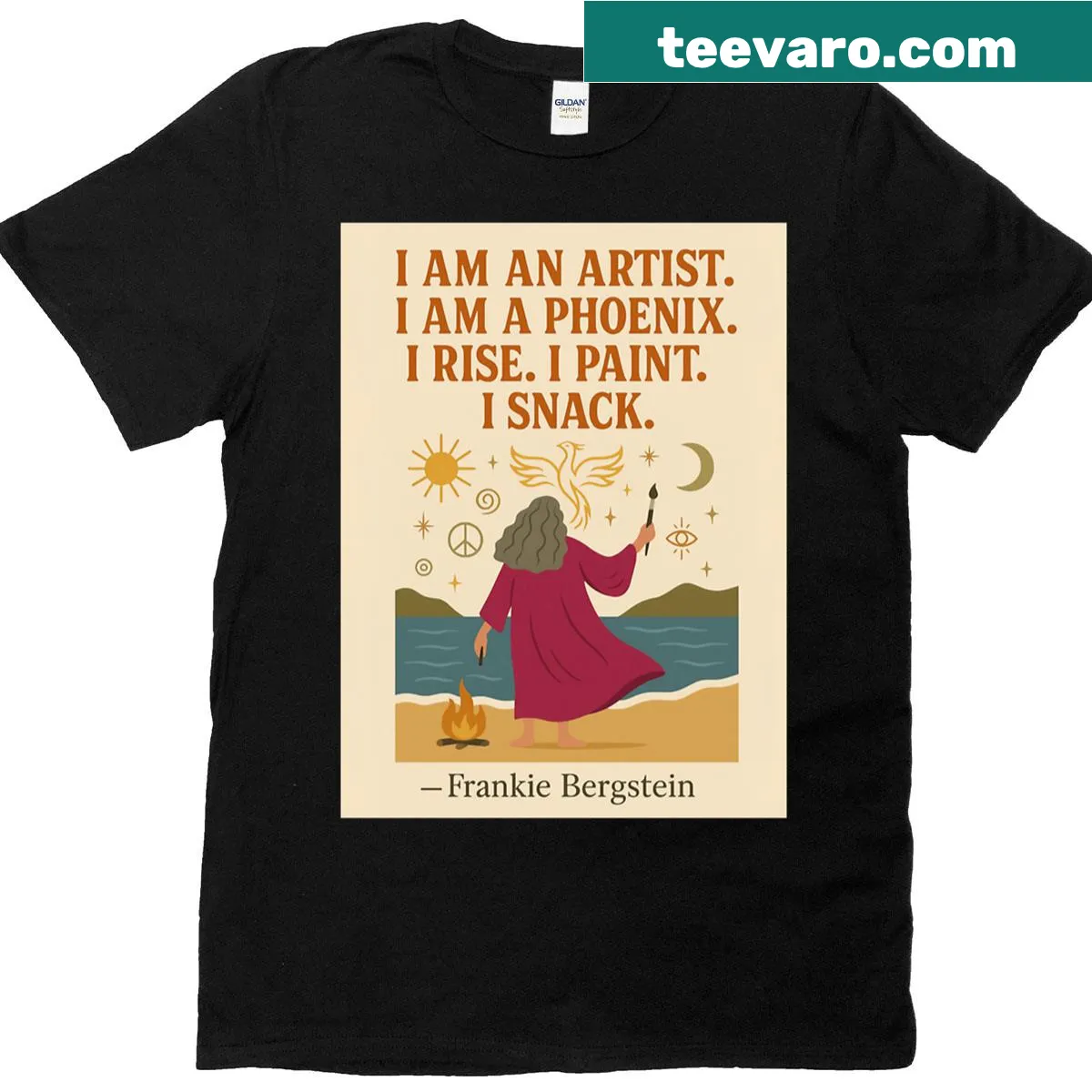 Oversized t-shirt with whimsical phoenix illustration surrounded by snacks — on a men's t-shirt