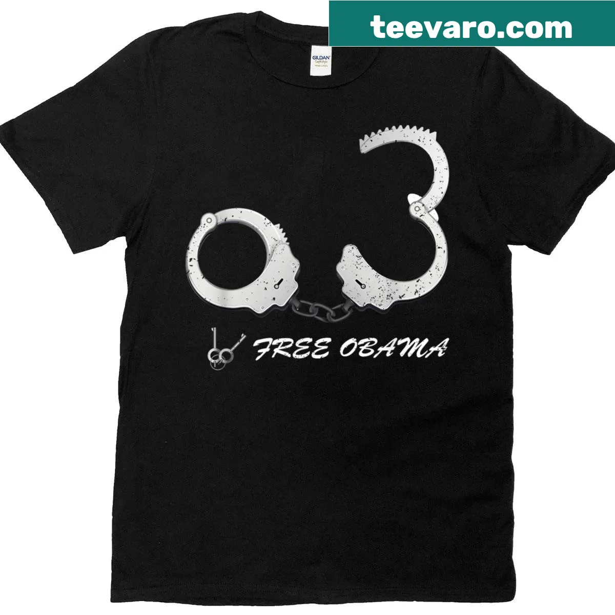 Provocative t-shirt with the phrases 'Free Obama' and 'Arrest Obama 2025' in bold typography. — on a men's t-shirt