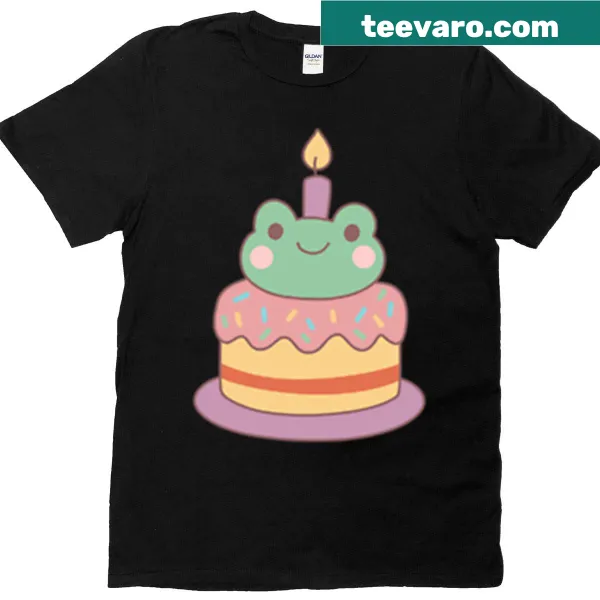 Cute frog on a birthday cake T-shirt for kids with a candle