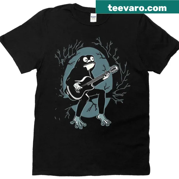 Charming t-shirt featuring a frog playing guitar under the moonlight.