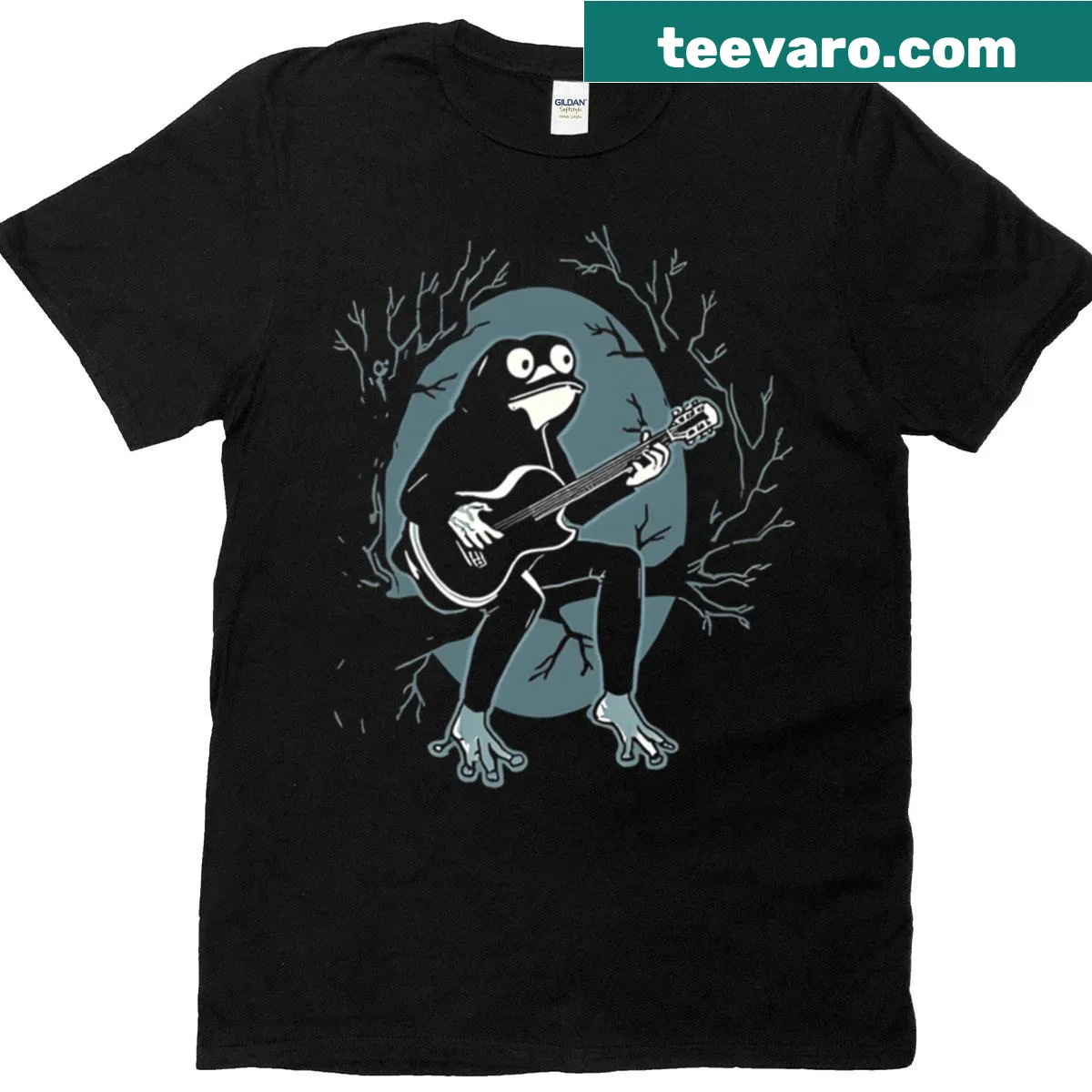 Charming t-shirt featuring a frog playing guitar under the moonlight. — on a men's t-shirt
