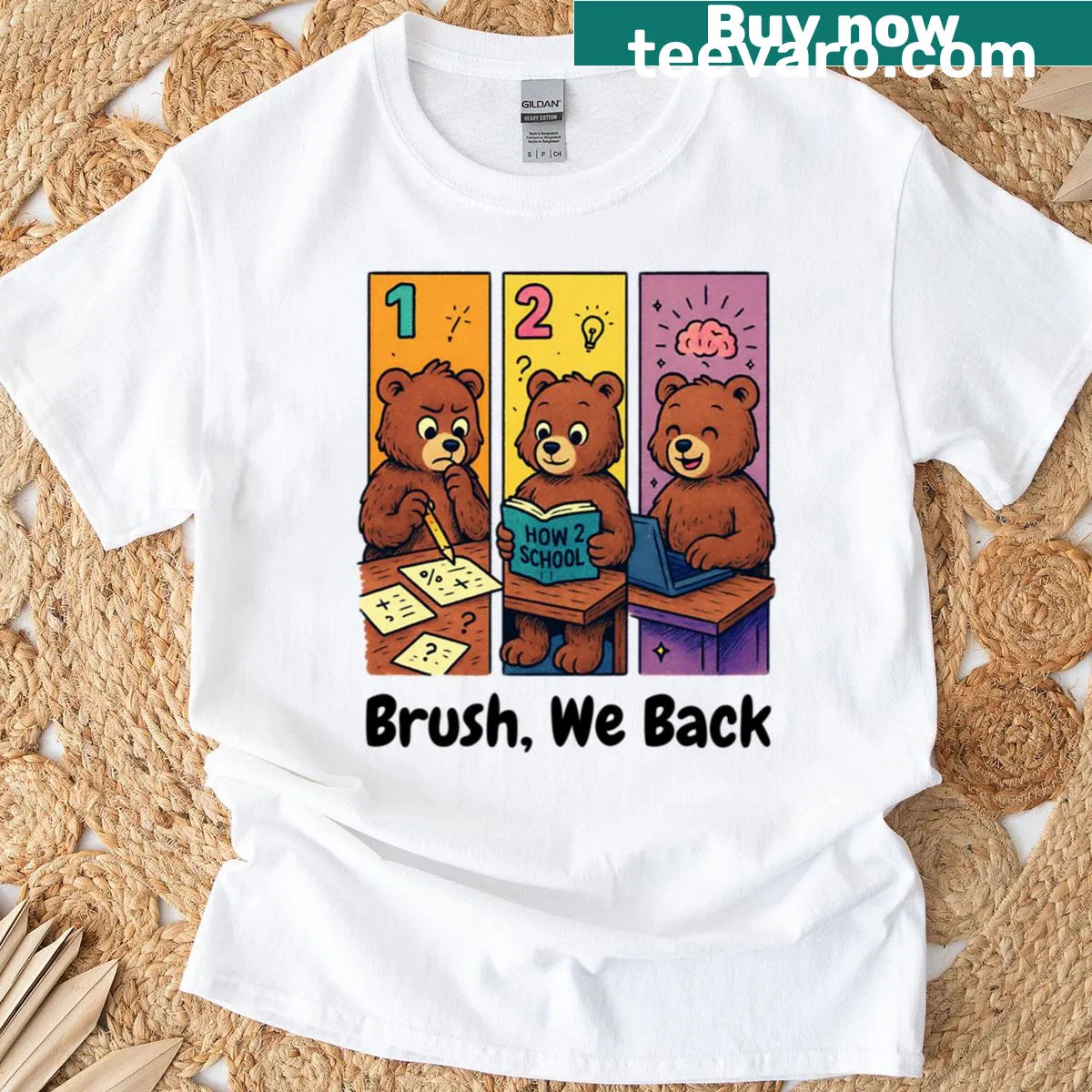 Cute bear graphic t-shirt depicting school stages and humor — on a men's t-shirt