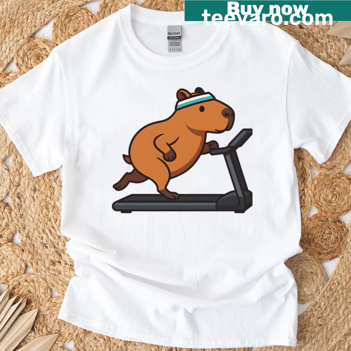 Funny capybara running on treadmill graphic on T-shirt. — on a men's t-shirt