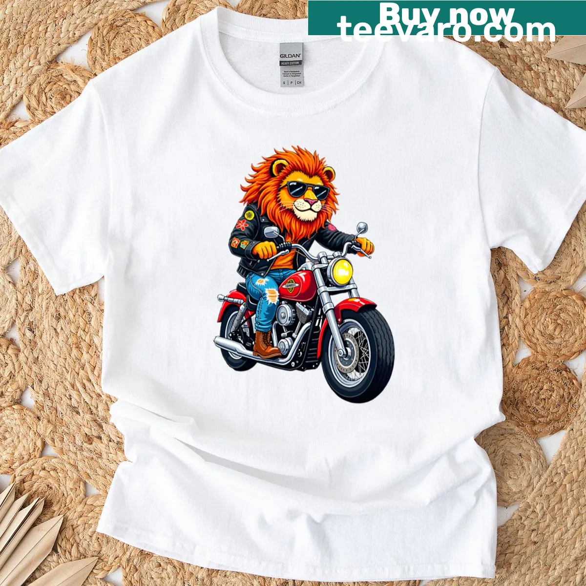 Cartoon biker lion illustration on T-shirt — on a men's t-shirt