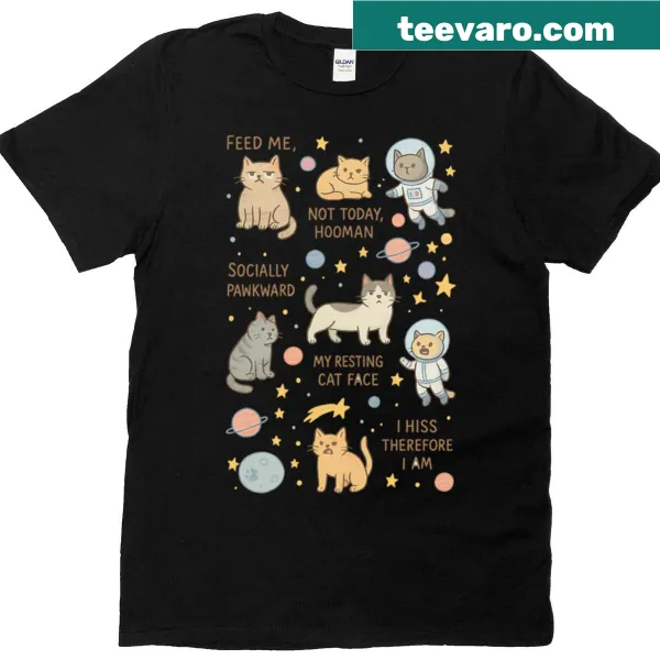 Illustrated cat moods humor on a t-shirt for cat lovers