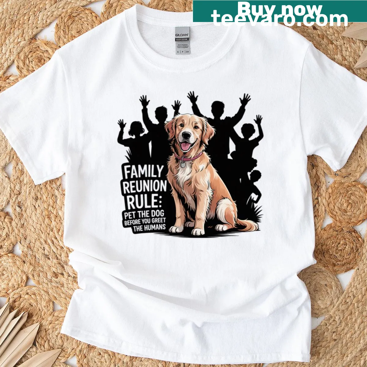 Funny dog-themed t-shirt with humorous greeting text — on a men's t-shirt