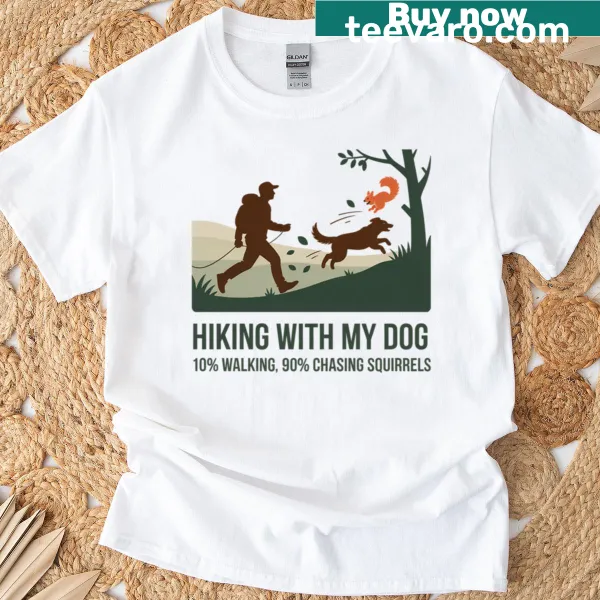 Whimsical hiking t-shirt showing dog chasing squirrels