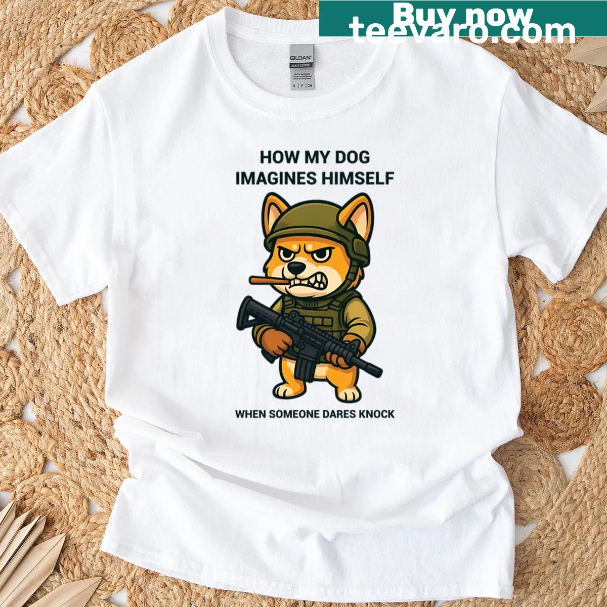 Cartoon dog meme design with funny text — on a men's t-shirt