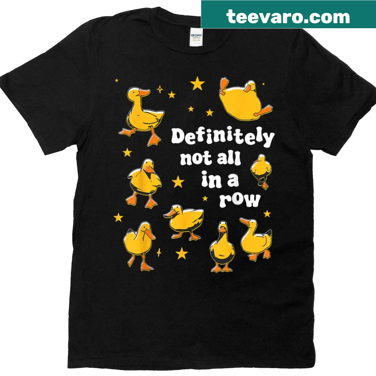 Funny cartoon duck t-shirt with the phrase 'Most Definitely Not All In A Row'. — on a men's t-shirt