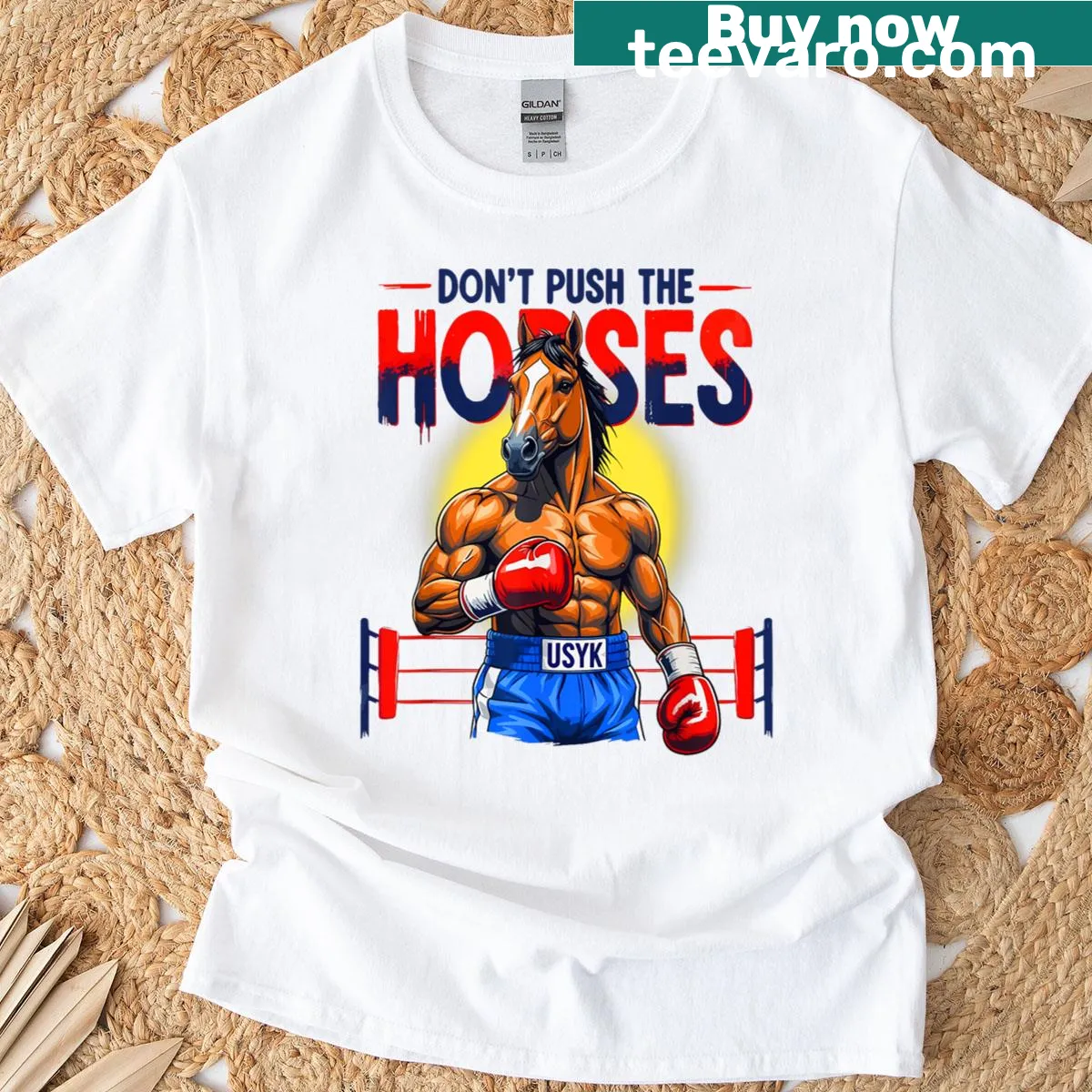 Whimsical farm animal boxing t-shirt featuring horses in gloves and funny text — on a men's t-shirt